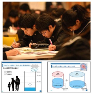 【写真上】三島北高校での授業の様子 ／ 【写真下】授業で用いた資料（日本の雨の量と降水量の求め方）